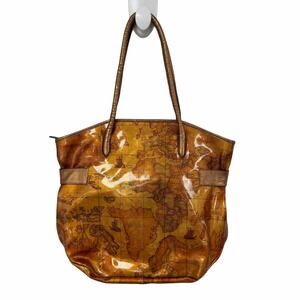 Alviero Martini World Geography Map Print Glossy Coated Canvas Handbag AS IS